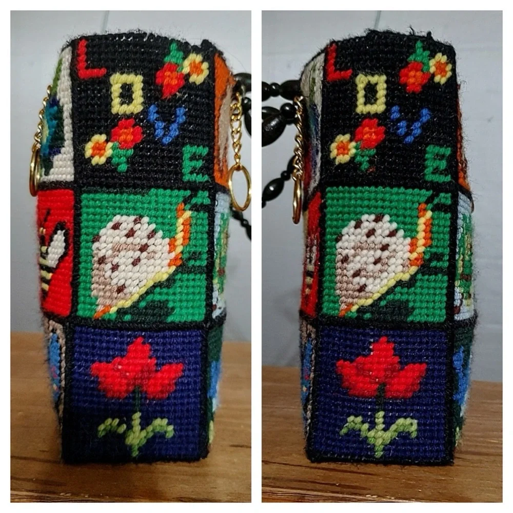 Vintage 70’s Grannycore Needlepoint Handbag with Black Beaded Handles - Picture 4 of 9